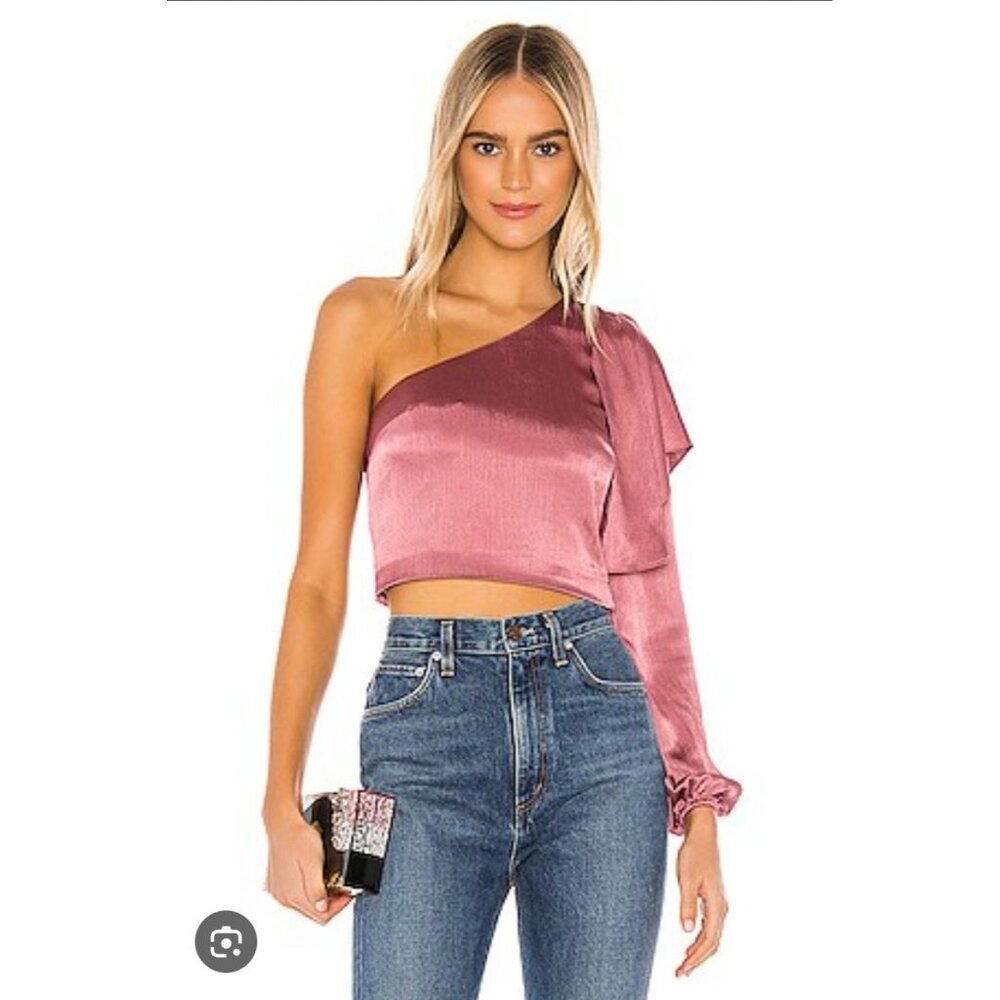 Lovers & Friends Park Top Womens XS Mauve Pink One Shoulder Ruffle Satin Cropped